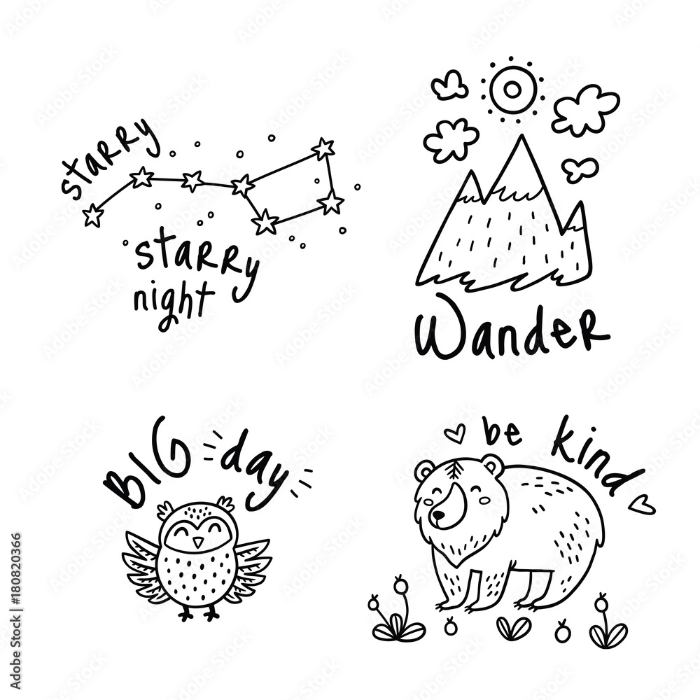 Obraz premium Vector set of cartoon sticker for camping in outline