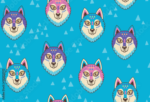 Husky or wolf seamless pattern in blue and pink colors. Vector illustration