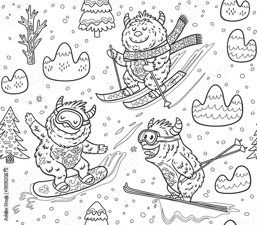 Black and white yeti skiing in the mountain seamless pattern. Vector illustration