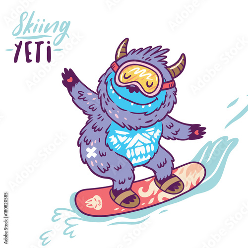 Cute yeti snowboarding print. Vector illustration