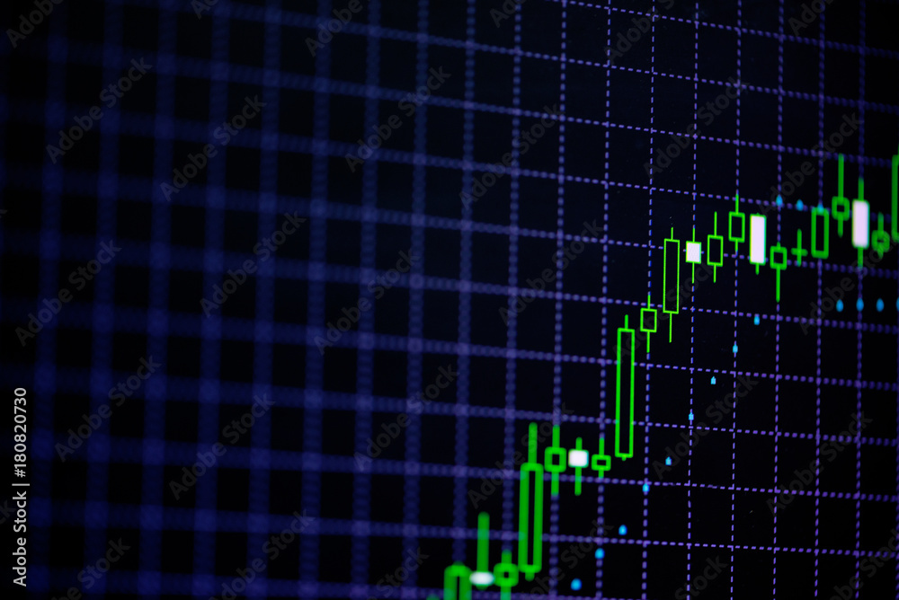 Fototapeta premium Candle stick graph chart with indicator showing bullish point or bearish point, up trend or down trend of price of stock market or stock exchange trading, investment concept.