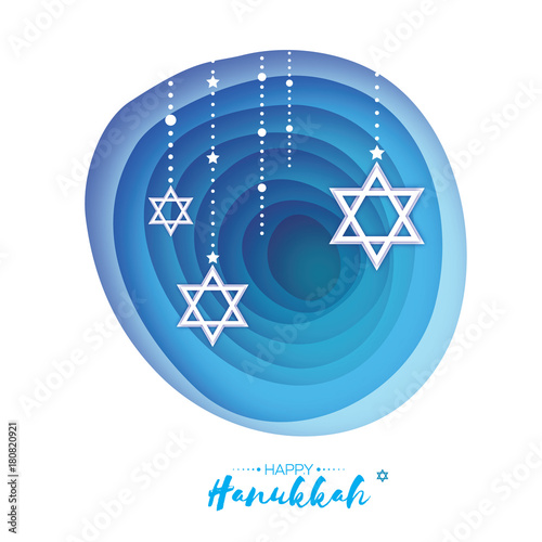 Origami Star of David. Happy Hanukkah. Shining stars. Greeting card for the Jewish holiday on blue background with garland. Hanuka Circle tonnel frame. paper cut style. Origami cave. photo