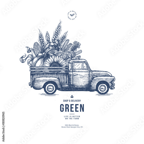 Farm fresh delivery design template. Classic vintage pickup truck with organic  vegetables. Vector illustration
