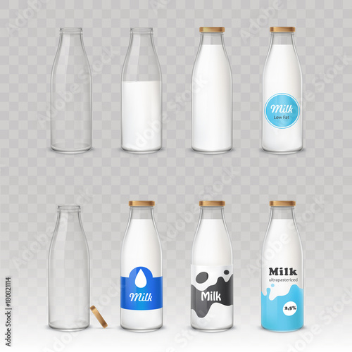 Set of vector illustrations in realistic style glass bottles with milk and without with different labels isolated on gray. Package mockup design ready for branding.