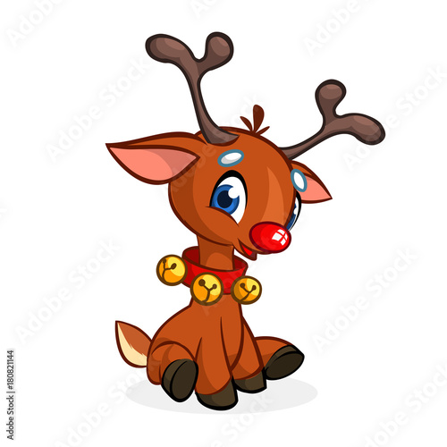 Funny cartoon red nose reindeer character wearing beells oh his neck and sitting Christmas vector illustration