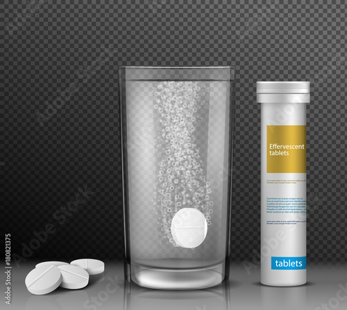 Vector illustration of soluble round tablets in a glass of water and lying side by side and a white cylindrical container covered with a lid for them, isolated on a transparent background.