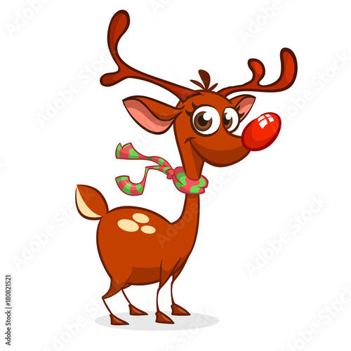 Funny cartoon red nose reindeer character wearing scarf. Christmas vector illustration