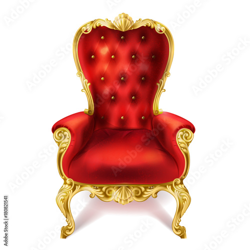 Vector illustration of an ancient red royal throne isolated on white background in realistic style. Gilded antiquarian armchair, exclusive old carved furniture with velvet seat.