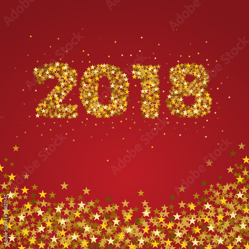 2018 Happy New Year celebrate card with holiday greetings and golden stars