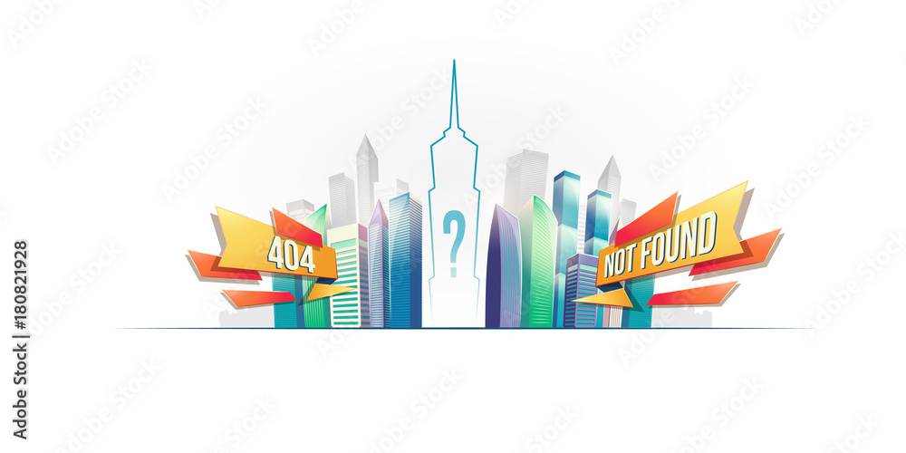Page not found, 404 error message, nonexistent page, vector cartoon web page template design with cityscape isolated on white background Page not found, 404 error message, nonexistent page, vector cartoon web page template design with cityscape isolated on white background