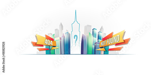 Page not found, 404 error message, nonexistent page, vector cartoon web page template design with cityscape isolated on white background