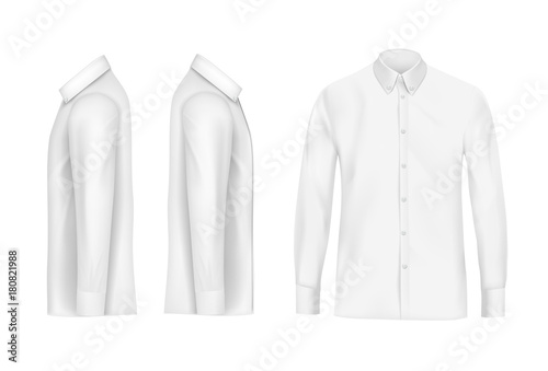 White male shirt with long sleeves and buttons in front, right and left side view, isolated on a gray background. 3D realistic vector illustration, pattern formal or casual shirt