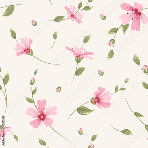 Gypsophila seamless floral pattern texture. Babys breath pink flowers, buds, green leaves assorted botanical elements on beige background. Vector illustration for fashion, fabric, textile, decoration.