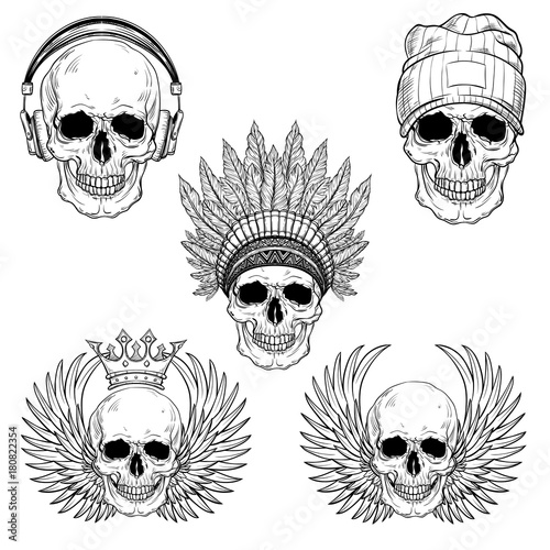 hand drawn anatomy skull set with cap, warbonnet, headphones, wings, crown . Vector