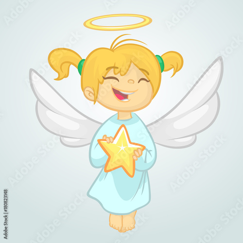 Cute happy girl angel character with white wings flying. Vector illustration isolated