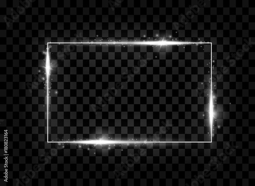 Silver shining square banner. Sparkle, glowing neon light effect. Vector illustration.
