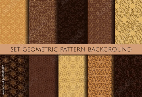 Set geometric contour pattern on brown background. Hand drawn organic abstract background. Coffee color 