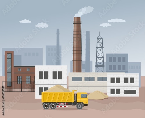 Building factory industry zone. Construction specialized transport and lorry. Flat and Colorfull illustration. Vector graphic
