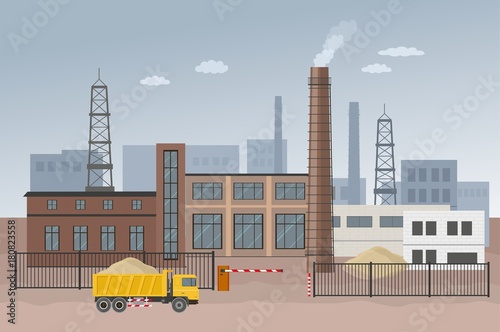 Building factory industry zone. Construction specialized transport and lorry. Flat illustration. Vector graphic