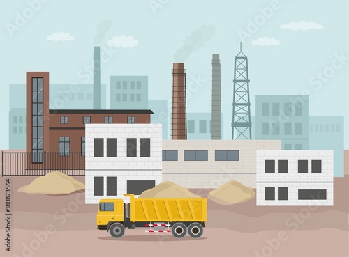 Building factory industry zone. Construction specialized transport and lorry. Flat and Colorfull illustration. Vector graphic	