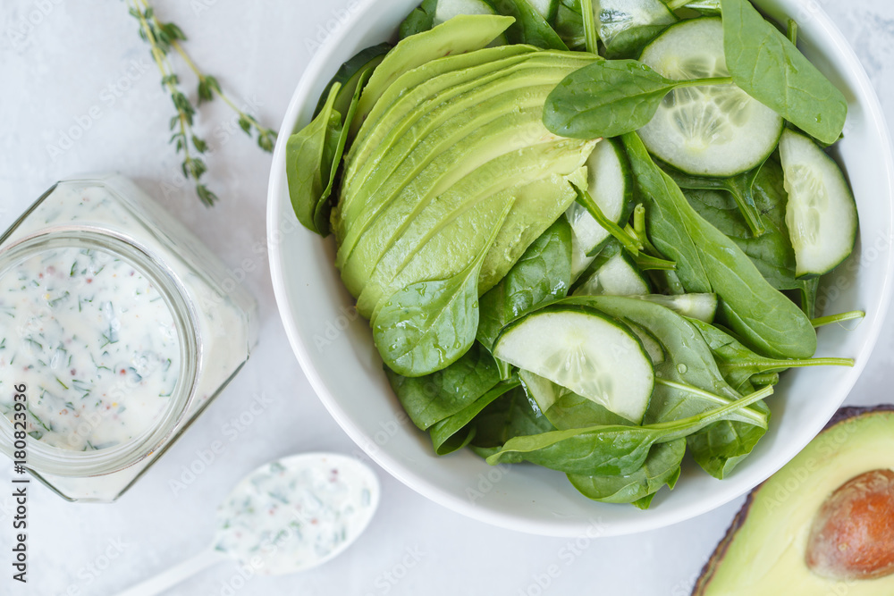 Yogurt mustard dressing to green spinach avocado salad Yogurt mustard dressing to green spinach avocado salad