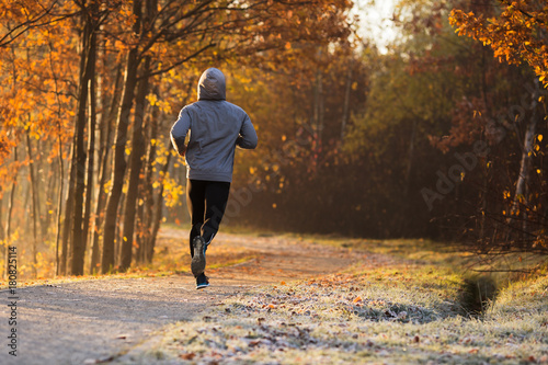 Fototapeta Naklejka Na Ścianę i Meble -  Man jogging during sunny autumn morning