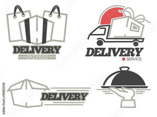 Delivery logo templates set for post mail, food or onlne shop express delivery service.
