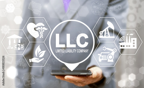 Limited Liability Company (LLC) Business Industry Healthcare concept. Man offers smartphone with limited liability company text icon on a virtual interface. photo
