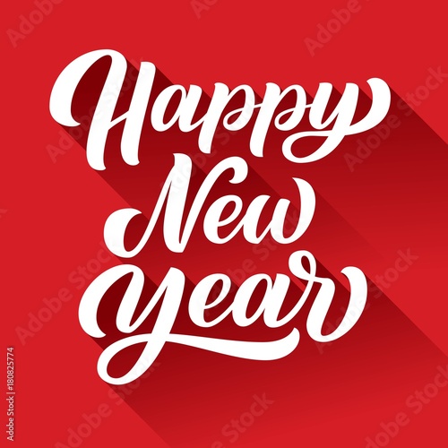 Happy new year brush hand lettering, with long shadow on red background. Vector type illustration. Can be used for holidays festive design.