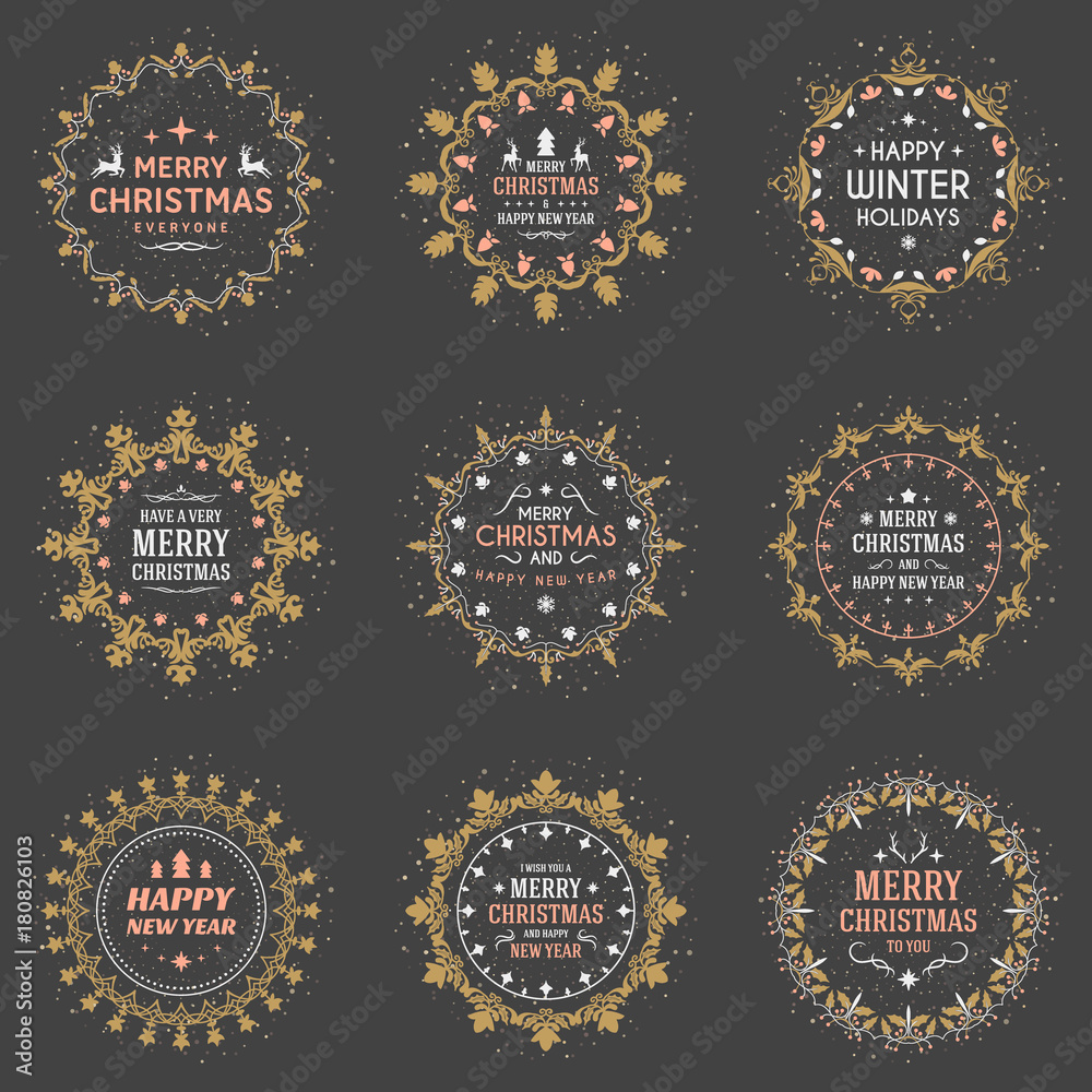 Set of Merry Christmas and Happy New Year Decorative Badges for Greetings Cards or Invitations. Vector Illustration. Typographic Design Elements. Golden, White and Pink Color Theme on Dark Background