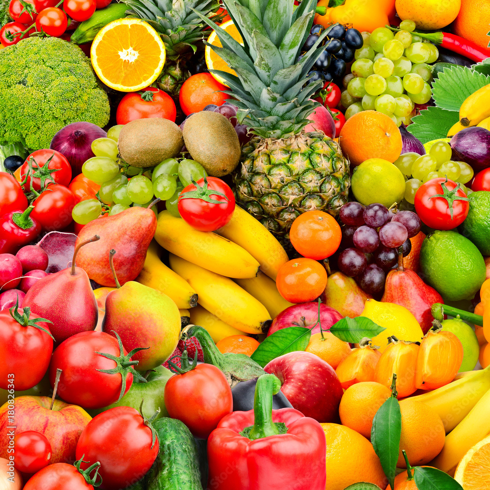 Large collection fruits and vegetables. Healthy foods.