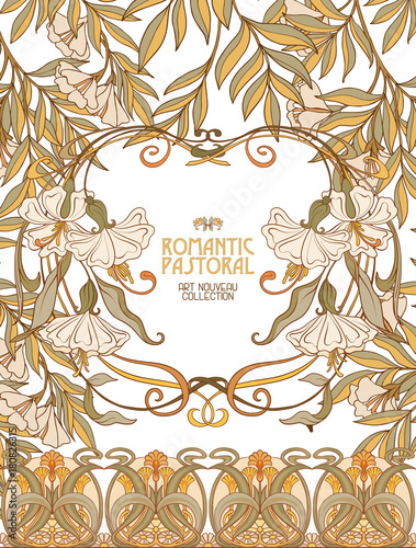 Poster, background with space for text and decorative flowers in art nouveau style, vintage, old, retro style. Stock vector illustration.