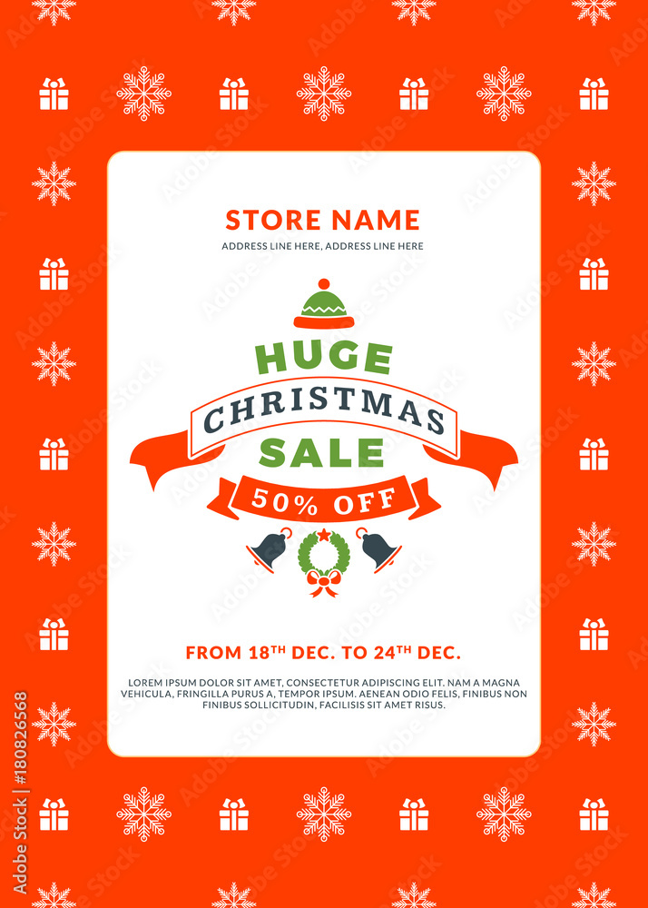 Fototapeta premium Christmas sale poster design. Holiday shopping. Discount offer. Vintage badge with winter background