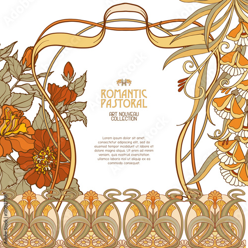 Poster, background with space for text and decorative flowers in art nouveau style, vintage, old, retro style. Stock vector illustration.