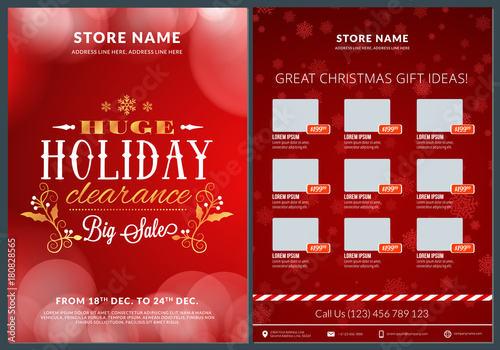 Christmas sale catalog design. Business flyer template. Vintage badge with red background