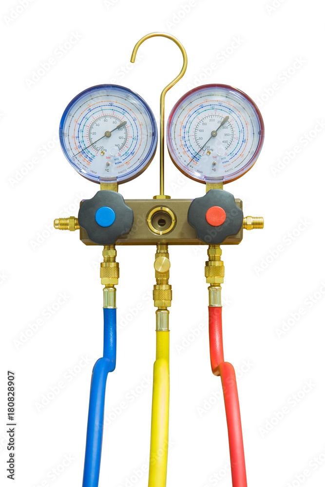 Refrigerator pressure and manometers gauges manometers, for heating ventilation and air conditioning service. Equipment isolated on white background with clipping path.