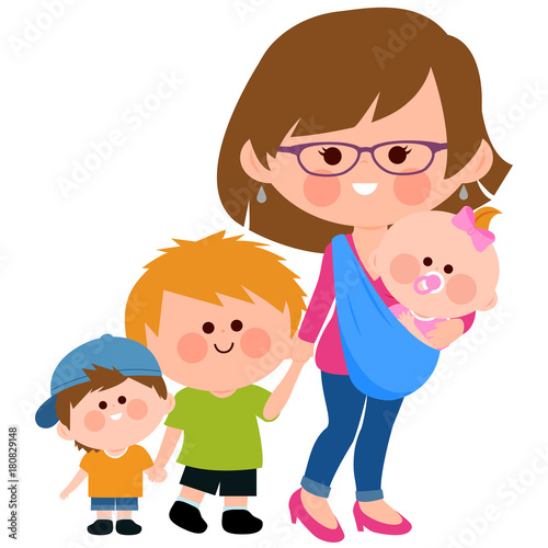 Mother with her children and her baby in a sling. Vector illustration