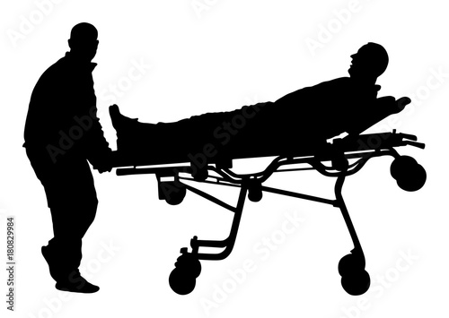 First aid crew help injured person after crash accident transport . Paramedic evacuate man by hospital stretcher trolley silhouette. Helping people after body collapse. Health care. Lifeguard action.