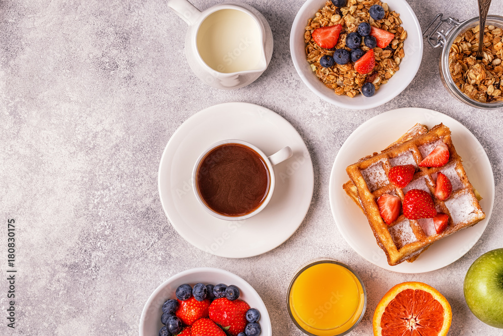 Delicious breakfast on a light table. Delicious breakfast on a light table.