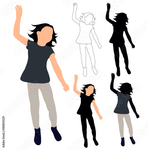  isolated silhouette little girl jumping, sketch of child, flat style