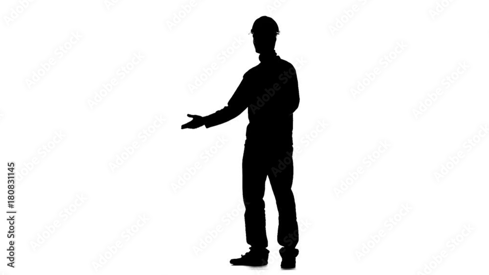 Builder talks to the contractors and thumbs up. Silhouette. White background. Slow motion Builder talks to the contractors and thumbs up. Silhouette. White background. Slow motion