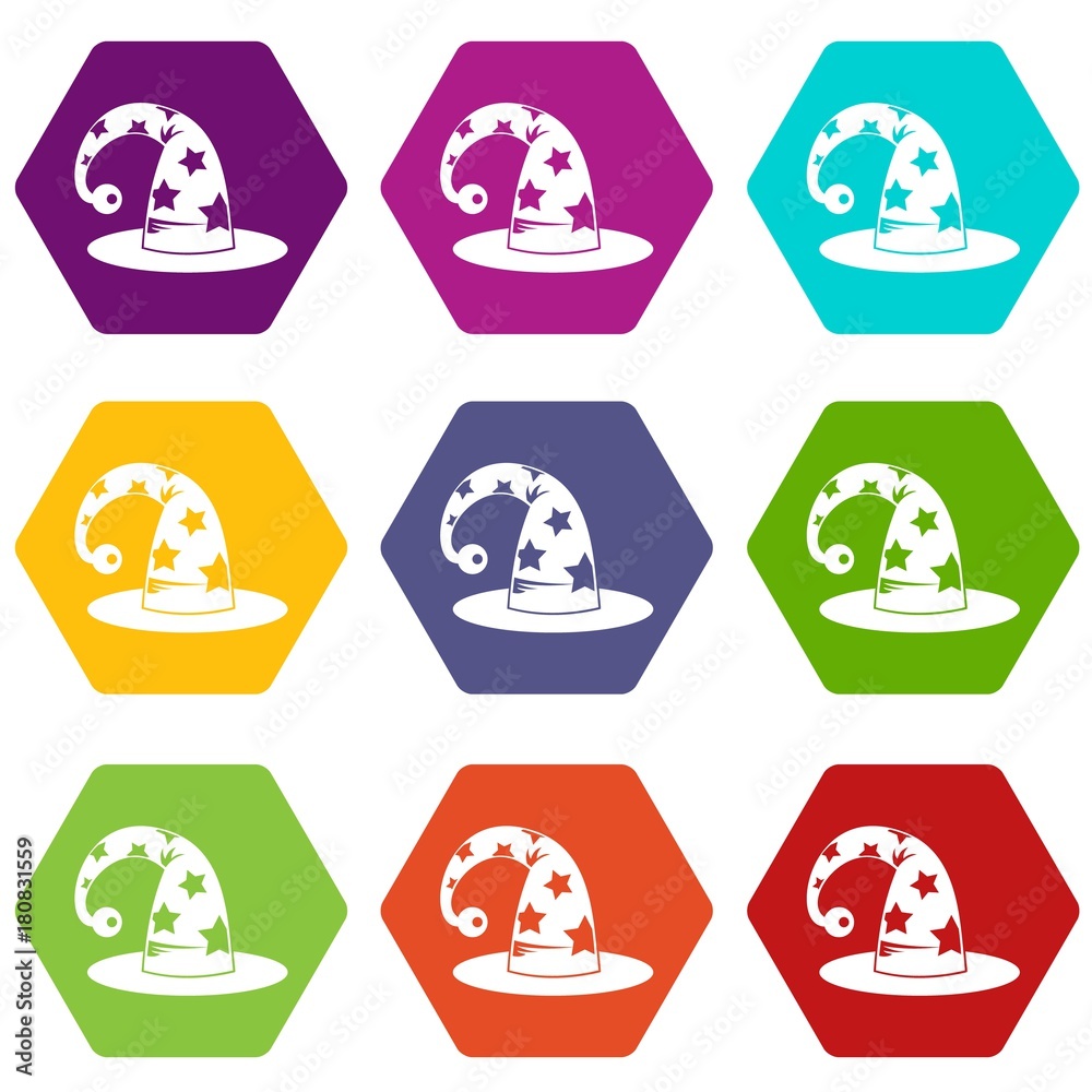 Wizards hat icon set color hexahedron Wizards hat icon set color hexahedron