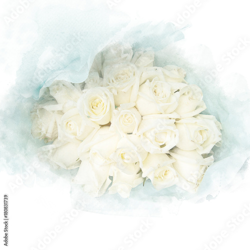 Blossom white roses. Artistic floral abstract background. Watercolor painting (retouch).