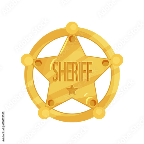 Brass five-pointed sheriff star badge in flat design isolated on white background. Golden policeman jetton.