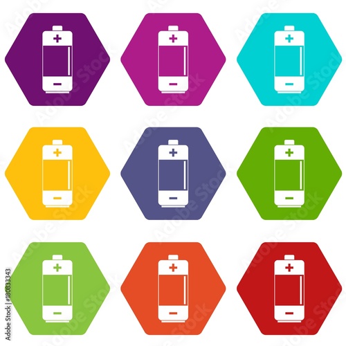 Alkaline battery icon set color hexahedron