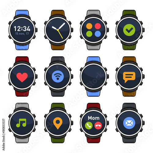 Smart Watch with Different Apps on Screen Icons Set. Vector