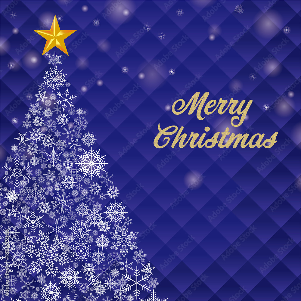クリスマス向け背景画像 紺色 雪の結晶のクリスマスツリーイラスト Merry Xmas ロゴ Vector De Stock Adobe Stock