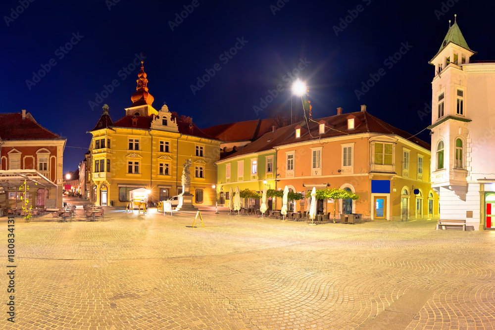 Town of Ptuj historic main square panoramic evening view