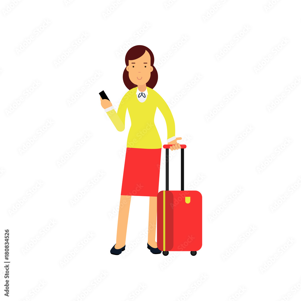 Businesswoman in red skirt and yellow blouse standing at airport with luggage and smartphone in hands. Business trip concept Businesswoman in red skirt and yellow blouse standing at airport with luggage and smartphone in hands. Business trip concept