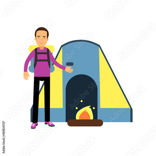 Flat cartoon tourist character standing near campfire and tent. Outdoor recreation and camping design concept